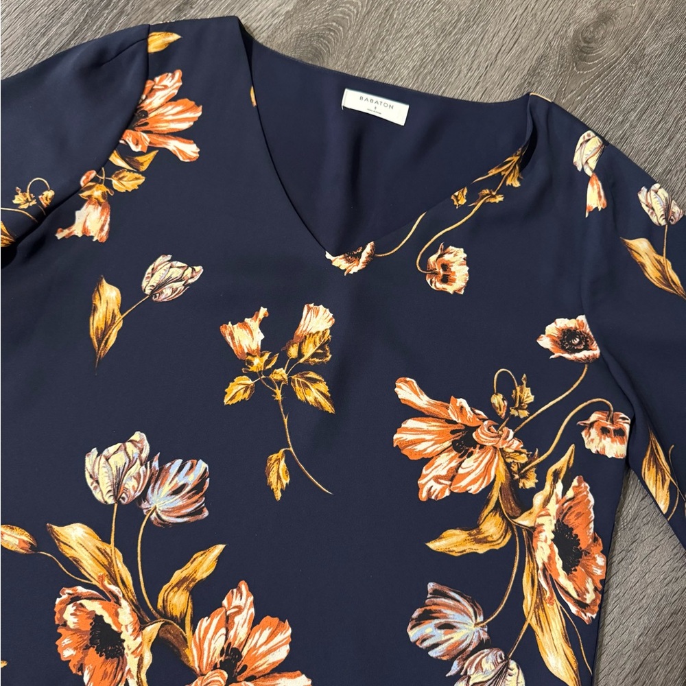 Babaton Floral Navy Long Sleeve V-Neck Blouse